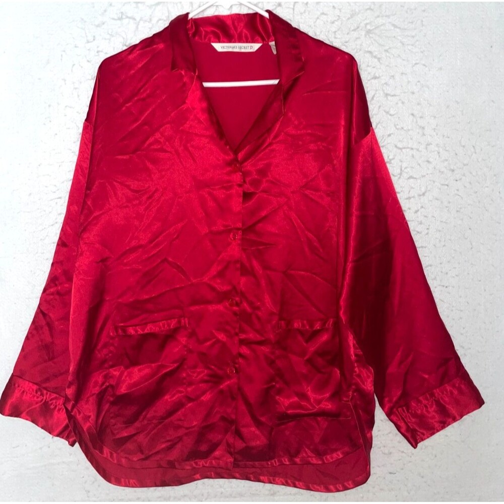 Vintage Victoria Secret Satin Sleep Shirt Red Button Up Long Sleeves Sz M Pocket